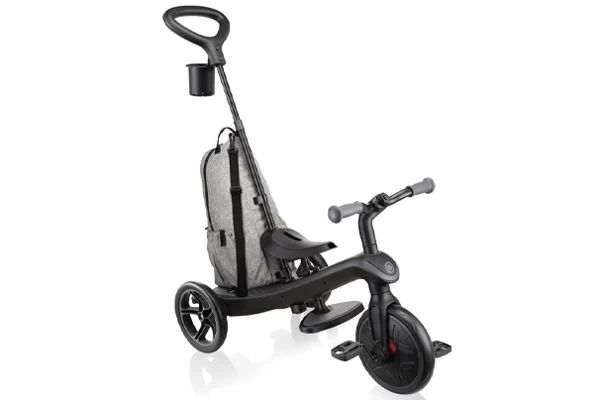 Driewieler met duwstang en tas